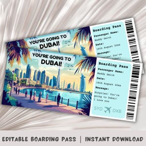 Carte d'embarquement pour Dubaï, voyage surprise à Dubaï, modèle de carte d'embarquement surprise, vous allez à Dubaï, carte d'embarquement imprimable, billet d'avion