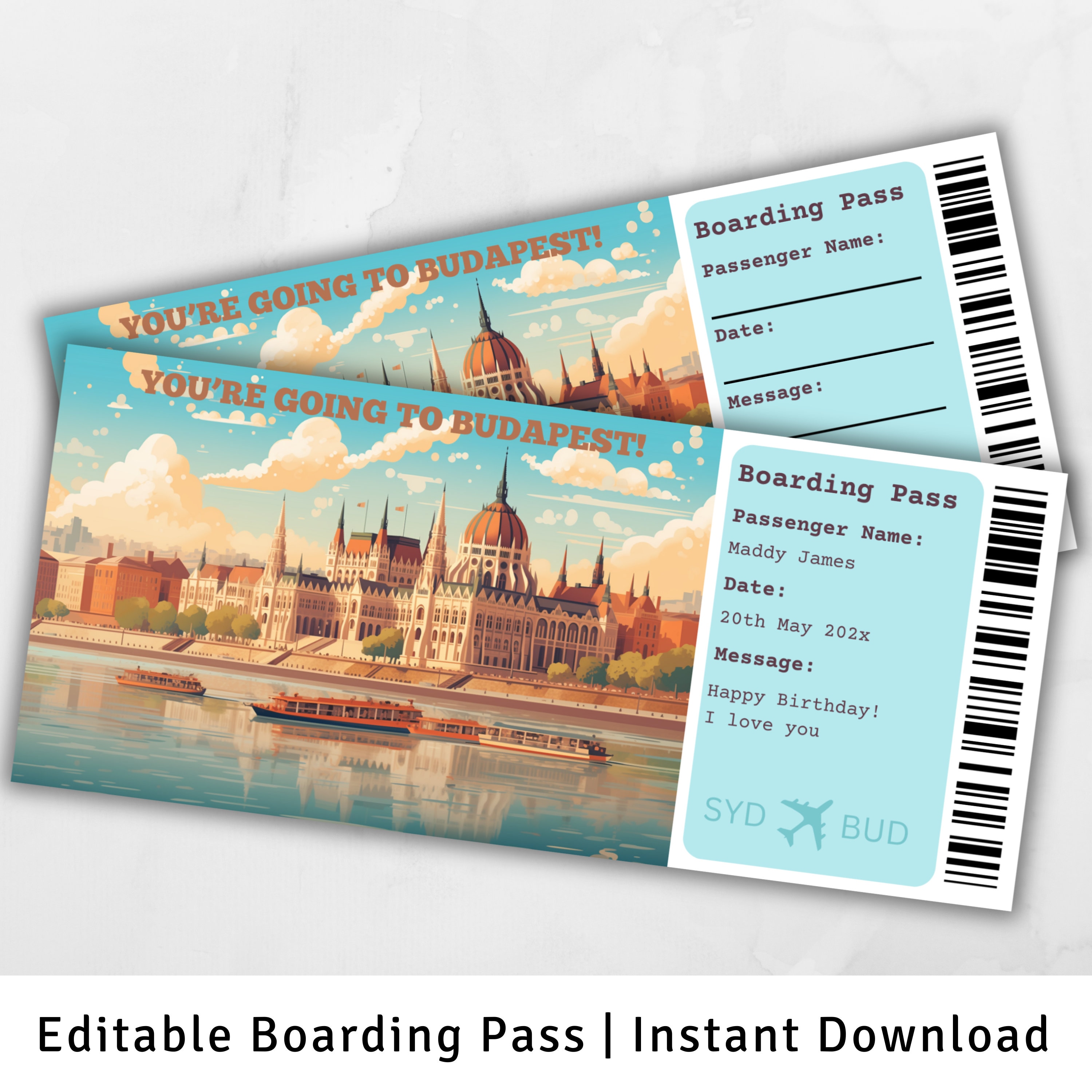Boarding Pass Budapest, Surprise Trip to Budapest, Surprise Boarding Pass Template, You're going to Budapest, Flight Ticket, Hungary Ticket