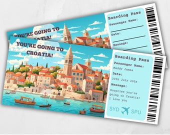 Boarding Pass Croatia, Surprise Trip to Croatia, Surprise Boarding Pass Template, Boarding Pass Gift, Reveal, Flight Ticket
