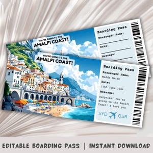 Carte d'embarquement sur la côte amalfitaine, voyage surprise en Italie, billet d'avion, modèle de carte d'embarquement surprise, carte d'embarquement imprimable, Italie Surprise
