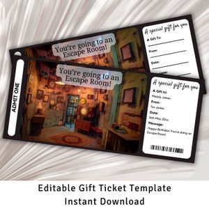 Puede incluir: Plantilla editable para un ticket de regalo de escape room. La plantilla presenta una foto del interior de una sala de escape con el texto "You're going to an Escape Room!" y espacio para completar el nombre del destinatario, el nombre del donante, la fecha y un mensaje.