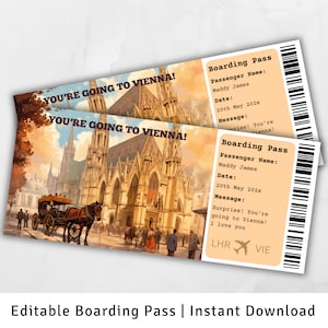 Tarjeta de embarque para Viena, Viaje sorpresa a Viena, Plantilla de tarjeta de embarque sorpresa, Vas a Viena, Tarjeta de embarque imprimible para viajar a Austria