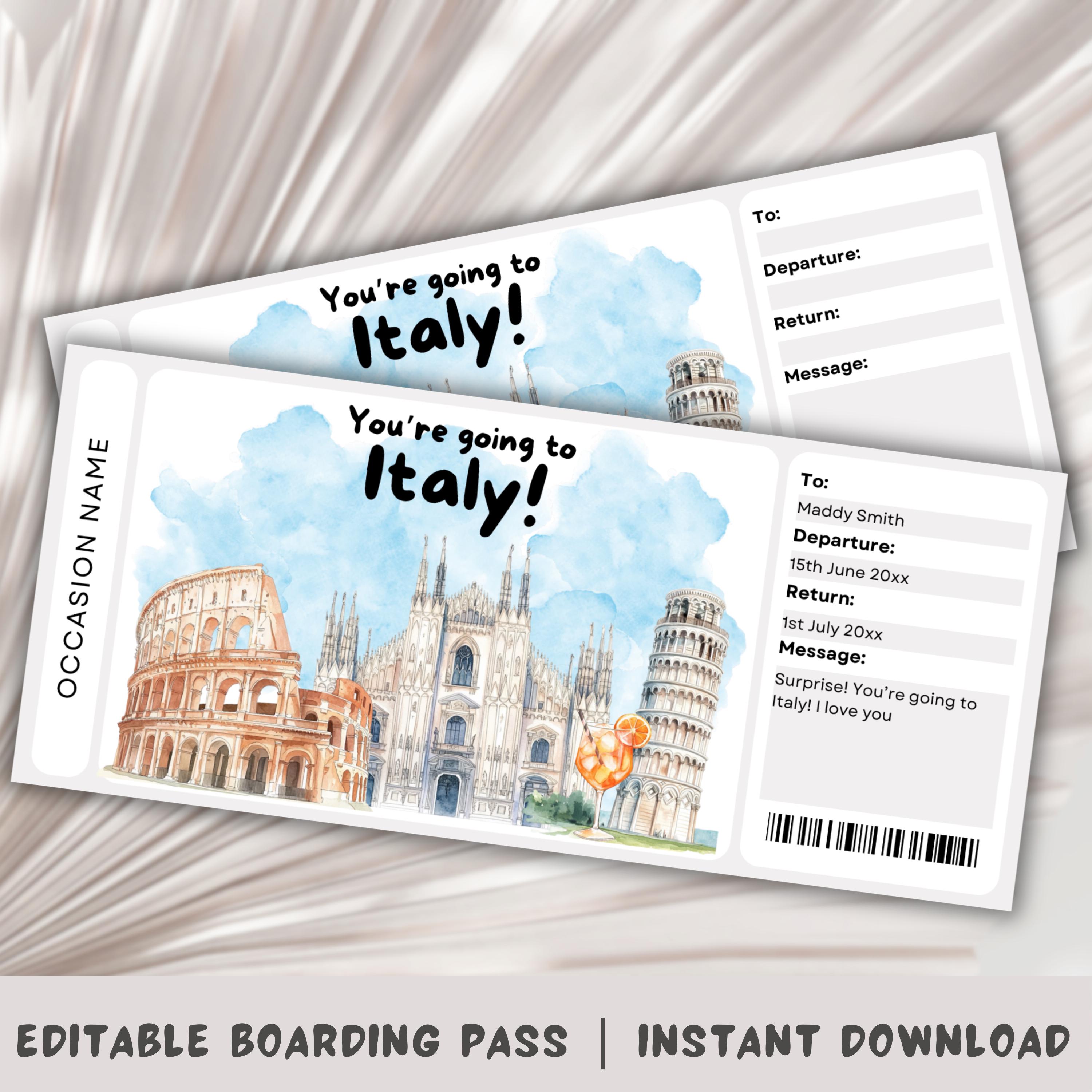Bordkarte Italien, Überraschungsreise nach Italien, Surprise Boarding Pass Template, Sie gehen nach Italien, druckbare Bordkarte, Flugticket