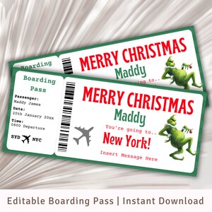 Weihnachts-Bordkarte, Bordkarte, Bordkartenvorlage, druckbares Ticket, Flugticketvorlage, bearbeitbare Bordkarte, Grinch