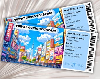 May include: A printable boarding pass with a cartoon image of a cityscape in Japan. The text on the pass reads "You're going to Japan!" and includes the words "Boarding Pass", "Passenger Name", "Date", and "Message".