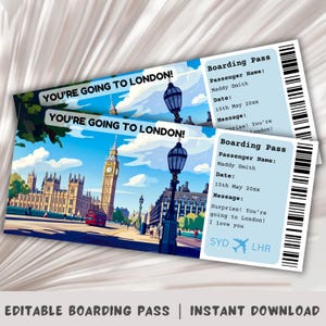 Carte d'embarquement pour Londres, voyage surprise à Londres, modèle de carte d'embarquement surprise, carte d'embarquement à imprimer, billet d'avion, voyage au Royaume-Uni