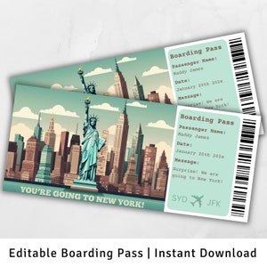 Instapkaart New York, Surprise Trip naar New York, Surprise Boarding Pass-sjabloon, Je gaat naar New York, Afdrukbare instapkaart