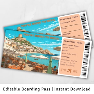 Carte d'embarquement Ibiza, voyage surprise à Ibiza, modèle de carte d'embarquement surprise, vous allez à Ibiza, billet d'avion imprimable, Espagne