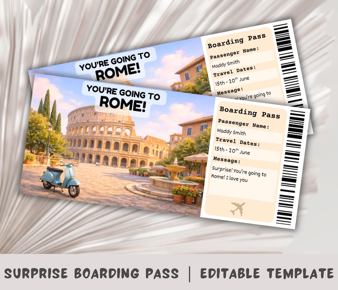 Surprise Rome Boarding Pass Template, Printable Flight Ticket (digital ...