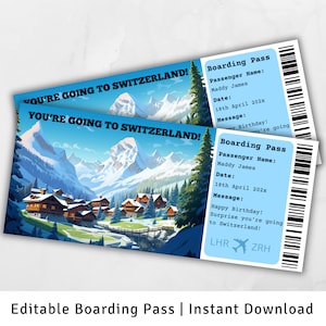 Carte d'embarquement pour la Suisse, voyage surprise en Suisse, modèle de carte d'embarquement surprise, embarquement à imprimer, billet d'avion, voyage à Zurich
