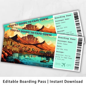 Bordkarte Kapstadt, Überraschungsreise nach Kapstadt, Surprise Boarding Pass Template, Sie gehen nach Südafrika, Bordkarte zum ausdrucken