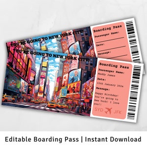 Carte d'embarquement pour New York, voyage surprise à New York, modèle de carte d'embarquement surprise, vous allez à New York, carte d'embarquement imprimable