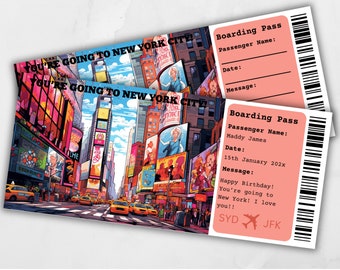 May include: Editable printable boarding pass with a colorful illustration of Times Square in New York City. The text on the pass reads "You're going to New York City!" and includes the words "Boarding Pass", "Passenger Name", "Date", and "Message".