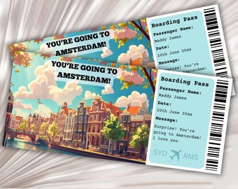Tarjeta de Embarque en Ámsterdam, Plantilla de Tarjeta de Embarque Sorpresa, Viaje a Ámsterdam, Billete de Avión, Países Bajos, Viaje a Holanda, Billete de Viaje