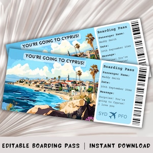Carte d'embarquement pour Chypre, Modèle de carte d'embarquement surprise, voyage à Chypre, carte d'embarquement imprimable, billet d'avion, voyage à Paphos, Larnaca, Nicosie