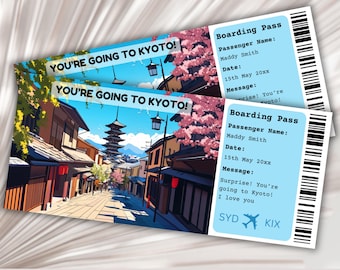 May include: Editable printable boarding pass with a photo of a street in Kyoto, Japan. The text on the pass says "You're going to Kyoto!" and includes a message that says "Surprise! You're going to Kyoto! I love you".