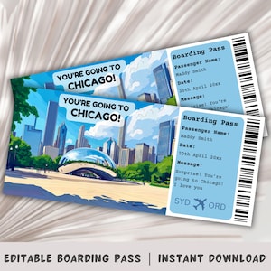 Carta d'imbarco Chicago, Modello di carta d'imbarco a sorpresa, Stai andando a Chicago, Carta d'imbarco stampabile, Viaggio a Chicago, Viaggio in Illinois