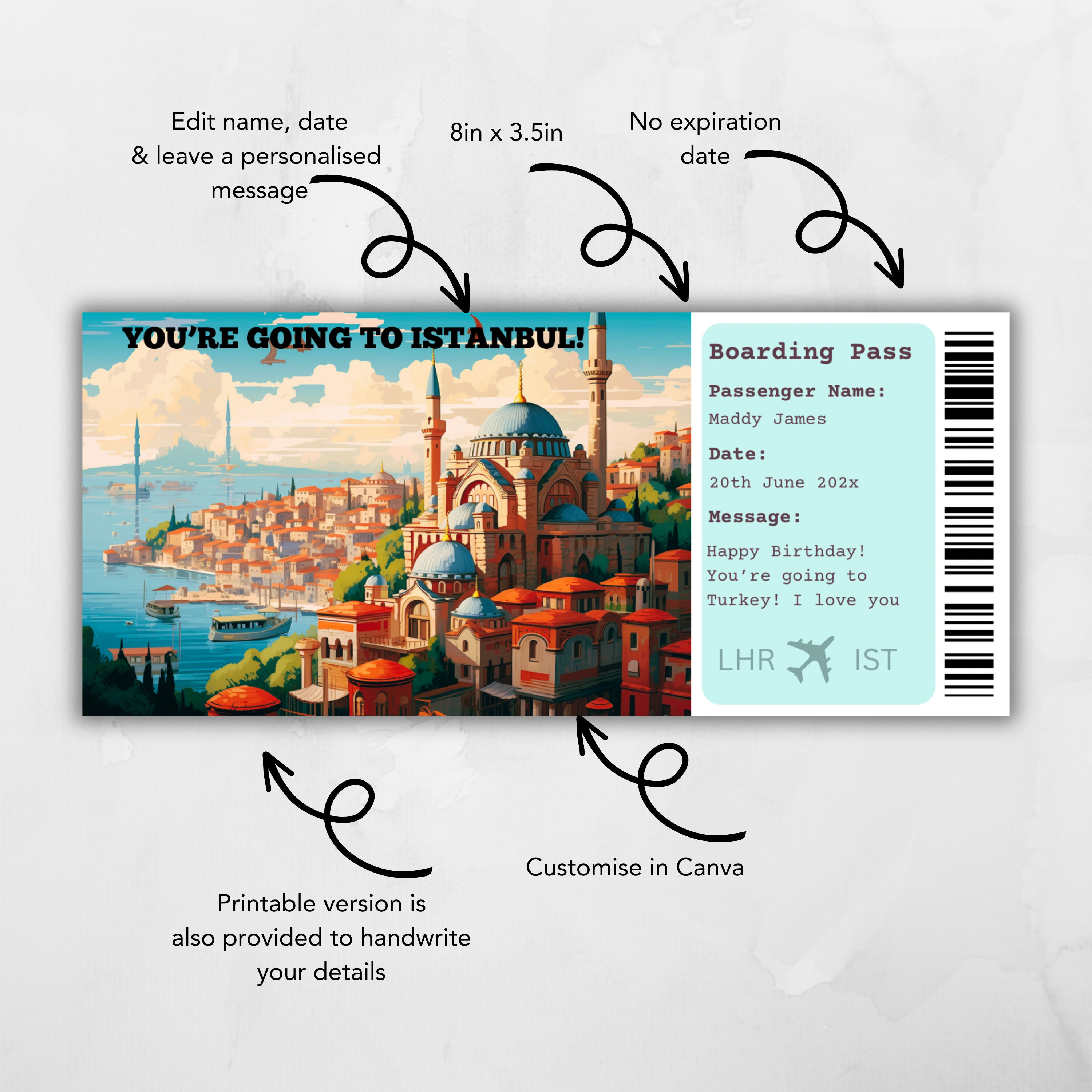 Boarding Pass Istanbul, Surprise Trip to Istanbul, Surprise Boarding Pass Template, Boarding