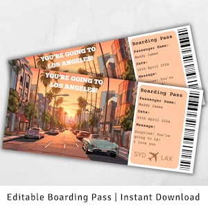 Boarding Pass Los Angeles, Surprise Boarding Pass Template, You&#39;re going to LA, Printable Boarding Pass, California USA Trip