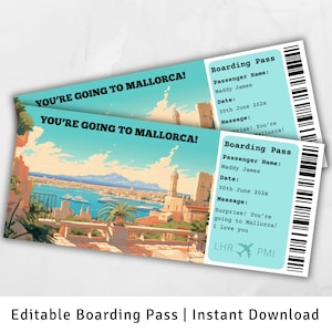Bordkarte Mallorca, Überraschungs-Bordkarte, Sie gehen nach Mallorca, druckbare Bordkarte, Reise nach Spanien, Europareise
