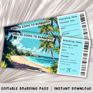 Carte d'embarquement pour la Barbade, Modèle de carte d'embarquement surprise, voyage dans les Caraïbes, carte d'embarquement imprimable, billet d'avion, Bridgetown, billet cadeau