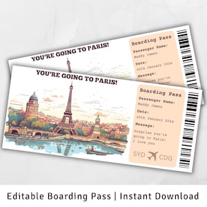 Carte d'embarquement Paris, voyage surprise à Paris, modèle de carte d'embarquement surprise, vous allez à Paris, carte d'embarquement imprimable, billet d'avion