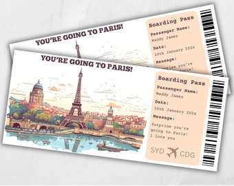Boarding Pass Paris, Surprise Trip to Paris, Surprise Boarding Pass Template, You're going to Paris, Printable Boarding Pass, Flight Ticket