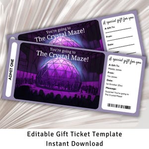 Boleto de regalo de Crystal Maze, cupón de Crystal Maze, revelación de boleto sorpresa, plantilla de boleto sorpresa, experiencia de regalo, experiencia en vivo