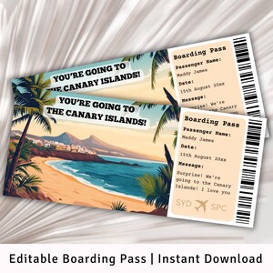 Carte d'embarquement, modèle de carte d'embarquement surprise, voyage aux îles Canaries, carte d'embarquement imprimable, voyage en Espagne, billet d'avion