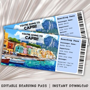 Può includere: Una carta d'imbarco stampabile con un'illustrazione colorata di una città costiera. Il testo sulla carta recita "You're going to Capri!" e include le parole "Boarding Pass", "Passenger Name", "Departure", "Return" e "Message".