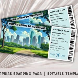 Carte d'embarquement pour Houston, modèle de carte d'embarquement surprise, voyage à Houston, carte d'embarquement à imprimer, Texas Surprise, voyage au Texas, billet d'avion
