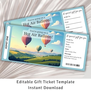 Hot Air Balloon Gift Ticket, Hot Air Ballooning Voucher, Surprise Ticket Reveal, Surprise Ticket Template, Hot Air Balloon Ride, Adventure