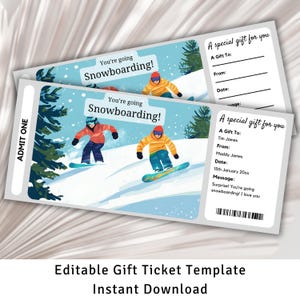 Snowboarding Gift Ticket, Snow Trip Voucher, Surprise Ticket Reveal, Surprise Ticket Template, Surprise Snowboarding Ticket, Winter Sports