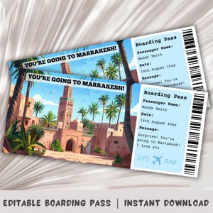 Carte d'embarquement Marrakech, voyage surprise à Marrakech, modèle de carte d'embarquement surprise, vous allez à Marrakech, billet imprimable, Maroc