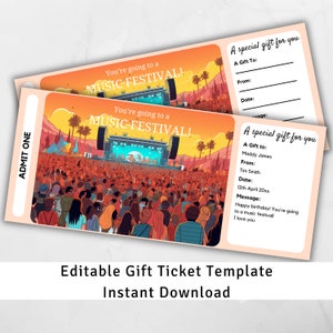 Musik Festival Geschenkkarte, Musik Festival Geschenkgutschein, Surprise Ticket Reveal, Erlebnisgutschein, Ticket Vorlage, Surprise Konzert