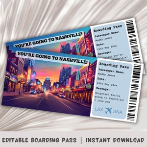 Boarding Pass Nashville, Surprise Boarding Template, Nashville Trip, Printable Ticket, Nashville Surprise, Tennessee Trip, Flight Ticket, US