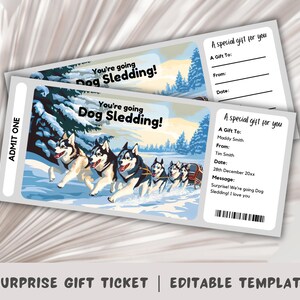 Dog Sledding Gift Ticket, Snow Trip Voucher, Surprise Ticket Reveal, Surprise Ticket Template, Surprise Dogsled Ticket, Winter Sports