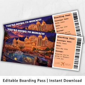 Carte d'embarquement pour Monaco, voyage surprise à Monaco, modèle de carte d'embarquement surprise, carte d'embarquement imprimable, billet d'avion, voyage à Monte-Carlo