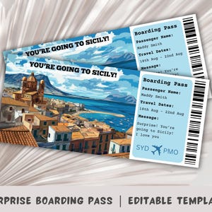 Carta d'imbarco Sicilia, Modello di carta d'imbarco a sorpresa, Viaggio in Sicilia, Carta d'imbarco stampabile, Biglietto aereo, Sorpresa in Italia, Viaggio a Palermo