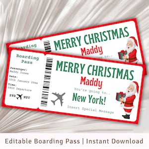 Weihnachts-Bordkarte, Bordkarte, Bordkartenvorlage, druckbares Ticket, Flugticketvorlage, bearbeitbare Bordkarte