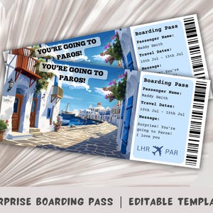 Carte d'embarquement Paros, voyage surprise à Paros, modèle de carte d'embarquement surprise, vous allez à Paros, billet d'avion imprimable, voyage en Grèce