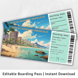 Carte d'embarquement Honolulu, voyage surprise à Hawaï, modèle de carte d'embarquement surprise, vous allez à Honolulu, billet d'avion imprimable, cadeau