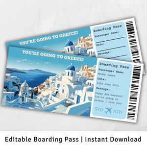 Carte d'embarquement pour la Grèce, voyage surprise en Grèce, modèle de carte d'embarquement surprise, vous allez en Grèce, billet d'avion imprimable, Santorin
