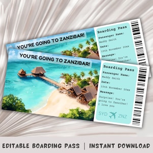 Boarding Pass Zanzibar, voyage surprise à Zanzibar, modèle de carte d'embarquement imprimable, vous allez à Zanzibar, voyage en Afrique, voyage en Tanzanie