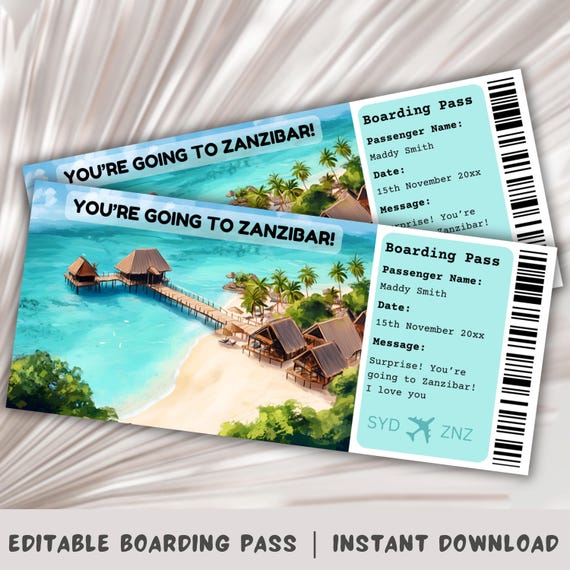 Boarding Pass Zanzibar, Surprise Trip to Zanzibar, Printable