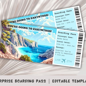 Carte d'embarquement pour Zante, modèle surprise de carte d'embarquement pour la Grèce, voyage à Zante, carte d'embarquement imprimable, billet d'avion, voyage sur l'île grecque