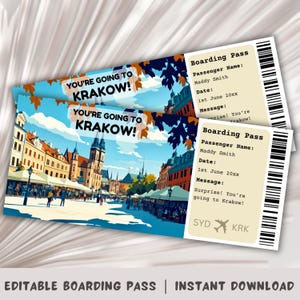 Boarding Pass Krakow, Surprise Trip to Krakow, Surprise Boarding Pass Template, Trip to Poland, Printable Boarding Pass, Flight Ticket