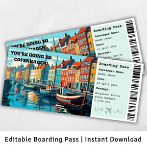 Bordkarte Kopenhagen, Überraschungs-Bordkarte, Dänemark-Reise, druckbare Bordkarte, Reise nach Kopenhagen, bearbeitbare Bordkarte