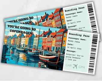 Boarding Pass Copenhagen, Surprise Boarding Pass Template, Denmark Trip, Printable Boarding Pass, Trip to Copenhagen, Editable boarding pass