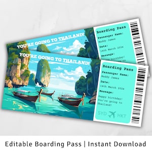 Carte d'embarquement pour la Thaïlande, modèle de carte d'embarquement surprise, vous allez en Thaïlande, carte d'embarquement imprimable, voyage à Phuket, voyage à Bangkok